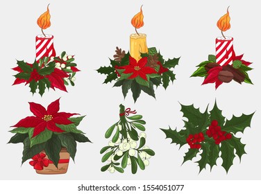 Christmas decoration with candle. Mistletoe, poinsettia flowers, pine cone, holly with berry. Striped candy cane style red and white candle icons. New year and xmas decor. Mistletoe bunch for kisses.