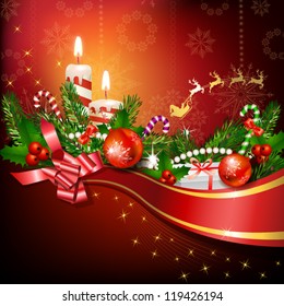 Christmas decoration   with candles , pine tree and balls