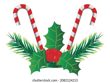 Christmas decoration with candy cane, fir branches and holly.