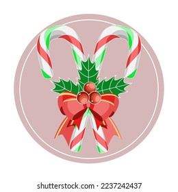 Christmas decoration with candy canes, holly berries and bow, vector illustration 