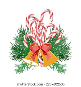 Decoración navideña con bastones de Candy, ramas de árboles de Navidad y campanas con ilustración vectorial de arco 