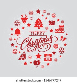 Christmas decoration card with winter ornaments, santa, pine, star, snowflakes.