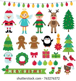 Christmas decoration and characters (Santa, elf, angel, reindeer), vector set