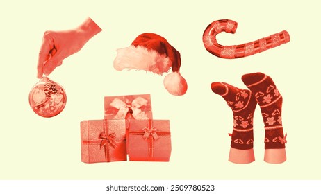 Christmas decoration collage. Hand decorating, wearing Christmas socks. monochrome peach fuzz color objects isolated on yellow background. Vector illustration