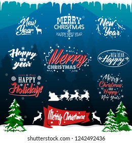 Christmas decoration collection of calligraphic and typographic design with labels, symbols and icons elements. Merry Christmas and Happy New Year! Can be used for banners, greeting cards, logos