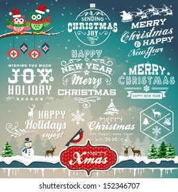 Christmas decoration collection of calligraphic and typographic design with labels, symbols and icons elements