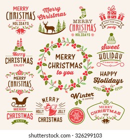 Christmas decoration collection - calligraphic and typographic design with badges, labels, icons, logos and objects elements.