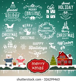 Christmas decoration collection - calligraphic and typographic design with badges, labels, icons, logos and objects elements.