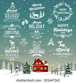 Christmas decoration collection of calligraphic and typographic design with labels, logos, icons elements.