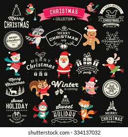 Christmas Decoration Collection Of Calligraphic And Typographic Design With Labels, Icons Elements. Set Of Cute Cartoon Characters.