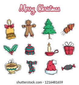 christmas decoration collection with colored doodle style