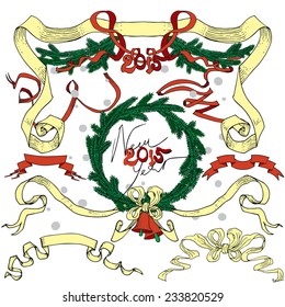 Christmas decoration collection. Drawings by hand in classic retro style - bells, fir-tree branches, fir-tree wreath, garland and vintages ribbon,  text "Happy New Year", vector background composition