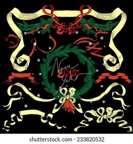 Christmas decoration collection. Drawings by hand in classic retro style - bells, fir-tree branches, fir-tree wreath, garland and vintages ribbon,  text "Happy New Year", vector background composition