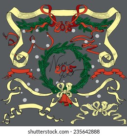 Christmas decoration collection. Drawings by hand in classic retro style - bells, fir-tree branches, fir-tree wreath, garland and vintages ribbon,  text "Happy New Year", vector background composition