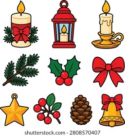 Christmas decoration collection featuring candles, lantern, evergreen branches, holly leaves, ribbon, pine cone, bell, berries, and festive holiday ornaments. Ideal for greeting cards, invitations, planners, gift tags, and seasonal marketing.