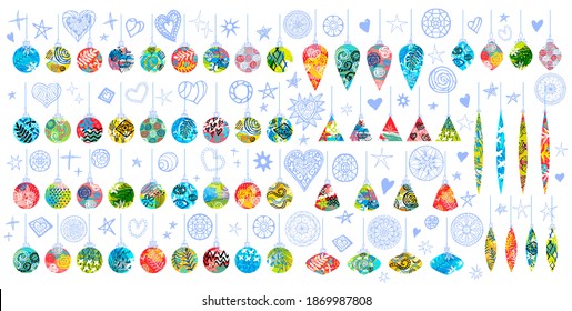 Christmas decoration collection. New Year, Christmas tree, branches, snowflake. Beautiful design elements decoration greeting cards. Vector illustration
