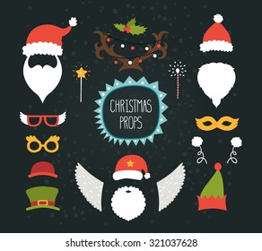 Christmas Decoration Collection, Props And Cute Photo Overlays. Santa Hat, Beard, Glasses, Horns, Frame, Mask, Wings And Magic Wand. Vector Christmas Set