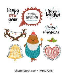 Christmas Decoration collection. Props, new year signs, cute bear, speech bubble and handdrawn letters. 