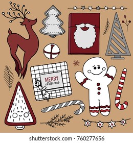 Christmas decoration collection. Reindeer, gifts, Christmas tree, Christmas sweet