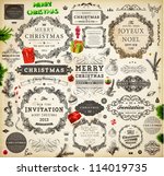 Christmas decoration collection | Set of calligraphic and typographic elements, frames, vintage labels. Ribbons, stickers, Santa and angel. Hand drawn christmas balls, fur tree branches and gifts.