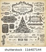 Christmas decoration collection | Set of calligraphic and typographic elements, frames, vintage labels, ribbons, borders, holly berries, fir-tree branches and balls. All for holiday invitation design.
