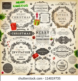 Christmas decoration collection | Set of calligraphic and typographic elements, frames, vintage labels. Ribbons, stickers, Santa and angel. Hand drawn christmas balls, fur tree branches and gifts.