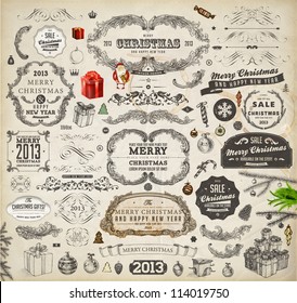 Christmas decoration collection | Set of calligraphic and typographic elements, frames, vintage labels. Ribbons, stickers, garland, hand drawn gifts, Santa and fur-tree branches with balls. Vector.