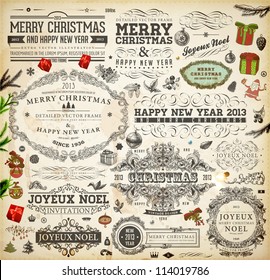 Christmas Decoration Collection | Set Of Calligraphic And Typographic Elements, Frames, Vintage Labels. Ribbons, Stickers, Garland, Hand Drawn Gifts, Santa And Fur-tree Branches With Balls. Vector.