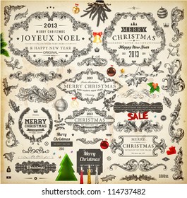 Christmas decoration collection | Set of calligraphic and typographic elements, frames, vintage labels. Candles, garland, bell, hand drawn balls and fur-tree. Vector illustrations for Xmas invitation.