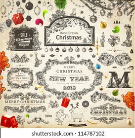 Christmas decoration collection | Set of calligraphic and typographic elements, frames, vintage labels. Ribbons, stickers, Santa and deer, gifts on a fur-tree branches with balls - all for design.