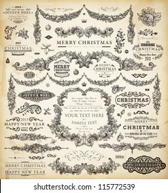 Christmas decoration collection | Set of calligraphic and typographic elements, frames, vintage labels, ribbons, borders, holly berries and Xmas balls. All ornaments for holiday invitation design.