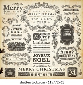 Christmas decoration collection | Set of calligraphic and typographic elements, frames, vintage labels, ribbons, borders, holly berries, fir-tree branches and balls. All for holiday invitation design.