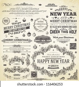 Christmas decoration collection | Set of calligraphic and typographic elements, frames, vintage labels. Ribbons, flower, balls, borders, retro ornaments and patterns. Vector.