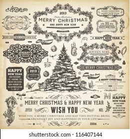 Christmas decoration collection | Set of calligraphic and typographic elements, frames, vintage labels, ribbons, borders, holly berries, fir-tree branches and balls. All for holiday invitation design.