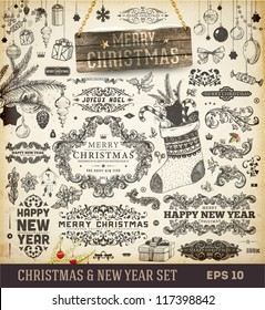 Christmas decoration collection | Set of calligraphic and typographic elements, wood frame, vintage labels. Ribbons, toys, hand drawn gifts, engraving fur-tree branches with balls. New Year vector.