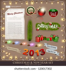 Christmas decoration collection. Set of calligraphic and typographic elements, frames, vintage labels. Ribbons, stickers, fur-tree branches with balls - all for design.