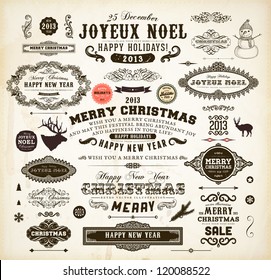 Christmas decoration collection. Set of calligraphic and typographic elements, frames, vintage labels. Deer head and snowman, fur-tree branches with balls, snowflakes and old ornaments for Xmas design