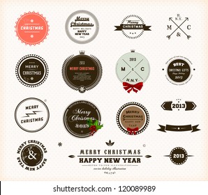 Christmas decoration collection | Set of calligraphic and typographic elements, frames, vintage circle labels, ribbons, borders, holly berries and snowflakes. All for holiday invitation design.