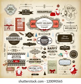 Christmas decoration collection | Set of calligraphic and typographic elements, frames, vintage labels. Ribbons, stickers, Santa and snowman, cartoon deer, birds, gifts, tree, bows, cards and baubles