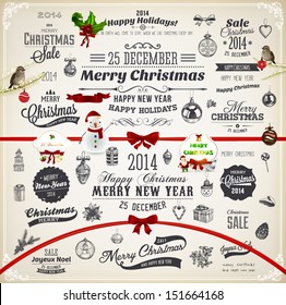 Christmas decoration collection | Set of calligraphic and typographic elements, frames, vintage labels. Ribbons, stickers, Santa and snowman, birds on a fur-tree branches with baubles. All for design.