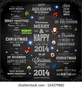Christmas decoration collection | Set of calligraphic and typographic elements, frames, vintage labels. Ribbons, stickers, Santa and snowman, birds and baubles. Chalkboard design.