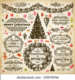 Christmas decoration collection | Set of calligraphic and typographic elements, frames, vintage labels. Ribbons, stickers, borders, deer, Santa and snowman, Xmas tree with baubles, holiday wreath.