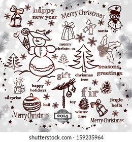 Christmas decoration collection | Set of calligraphic and typographic elements, frames, vintage labels. Ribbons, stickers, Santa and snowman, birds and baubles. Chalkboard design.
