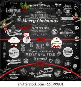 Christmas decoration collection | Set of calligraphic and typographic elements, frames, vintage label, ribbon, sticker, Santa and snowman, bird, tree branches, balls. Chalkboard design. Chalk texture.