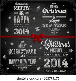 Christmas decoration collection | Set of calligraphic and typographic elements, frames, vintage labels. Ribbons, stickers, birds, tree branches, balls. Chalkboard design. Chalk texture.