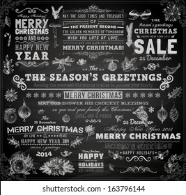 Christmas decoration collection | Set of calligraphic and typographic elements, frames, vintage labels. Ribbons, stickers, birds, tree branches, balls. Chalkboard design. Chalk texture.