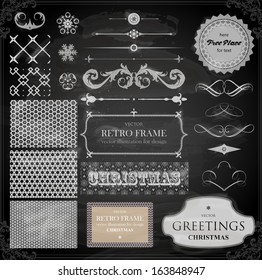 Christmas decoration collection | Set of calligraphic and typographic elements, frames, vintage labels. Ribbons, stickers, borders, balls, snowflakes. Chalkboard decorations design. Chalk texture.
