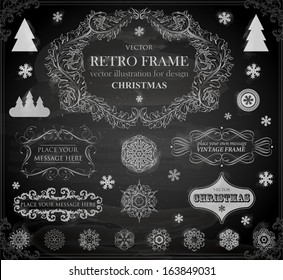 Christmas decoration collection | Set of calligraphic and typographic elements, frames, vintage labels. Ribbons, stickers, borders, balls, snowflakes. Chalkboard decorations design. Chalk texture.