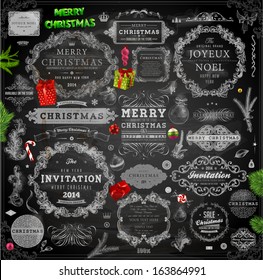 Christmas decoration collection | Set of calligraphic and typographic elements, frames, vintage labels. Ribbons, stickers, birds, tree branches, balls. Chalkboard design. Chalk texture.