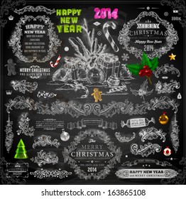 Christmas decoration collection | Set of calligraphic and typographic elements, frames, vintage labels. Ribbons, stickers, birds, tree branches, balls. Chalkboard design. Chalk texture.